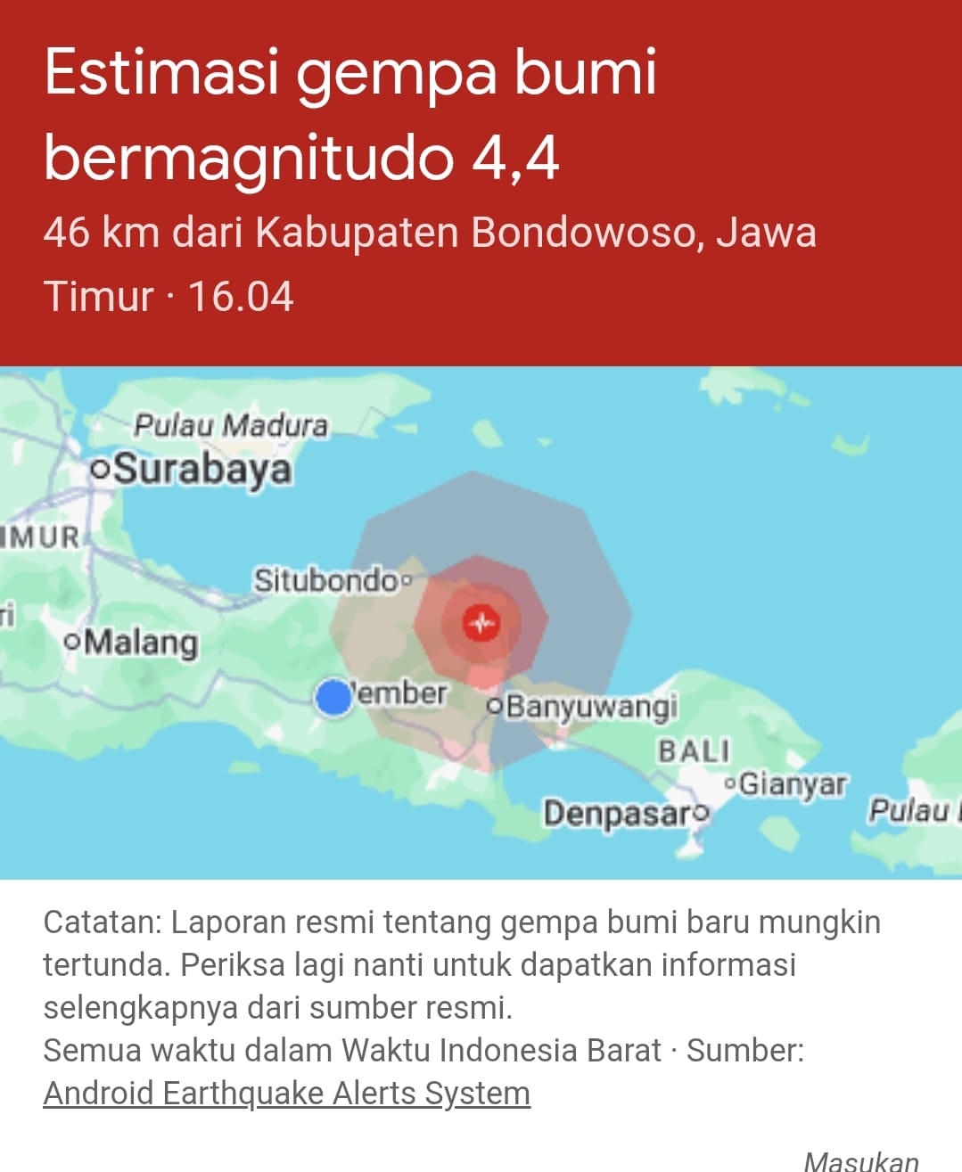 Gempa 5,7 SR di Perairan Bali Kagetkan Warga Jember 5 Rilis gempa dari BMKG. (Istimewa)